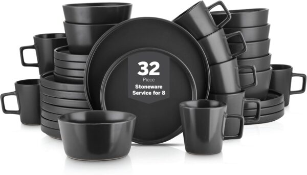 Stone Lain Coupe 32-Piece Stoneware Dish Set, Celina Service for 8, Black Plates and Bowls Dinnerware Set, Dishwasher and Microwave Safe, Black Matte