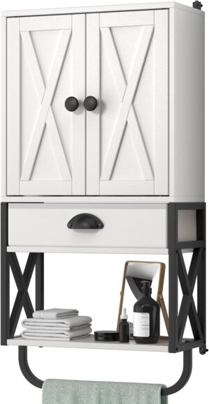 Bathroom Medicine Wall Cabinet, 3-Tier Wooden Storage Cabinet with 2 Door and Adjustable Shelf for Kitchen Living Room with Towel Rack (White)