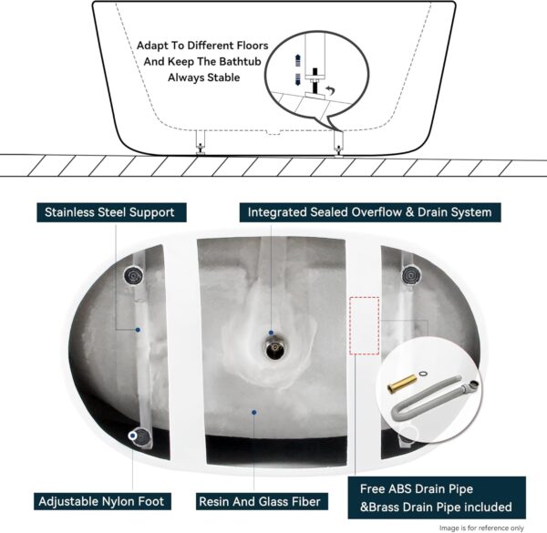 FerdY Boracay 67" Acrylic Freestanding Bathtub, Gracefully Shaped Contemporary Design Bathtub with Brushed Nickel Drain, Integrated Slotted Overflow, Glossy White, cUPC Certified, 02503