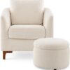 COLAMY Sherpa Accent Chair with Storage Ottoman Set, Upholstered Barrel Arm Chair with Footrest, Modern Living Room Chair with Back Pillow, Cream