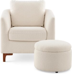 COLAMY Sherpa Accent Chair with Storage Ottoman Set, Upholstered Barrel Arm Chair with Footrest, Modern Living Room Chair with Back Pillow, Cream