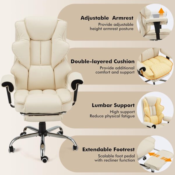 HOMREST 6-Point Massage Executive Chair,Heat Office Chair,Ergonomic Home Office Desk Chair with Retractable Footrest and Reclining Function,Leather Computer Chair with Adjustable Armrest(‌Off White)