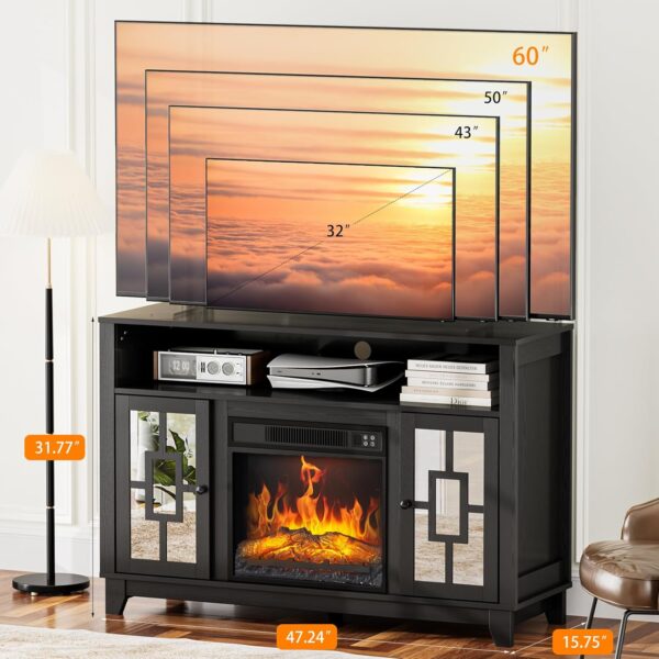 VINGLI Fireplace TV Stand for TVs up to 60'', Mirrored Media Entertainment Center Console Table with 18'' Electric Fireplace, Entertainment Center with Glass Door ＆ Storage Cabinet, Black