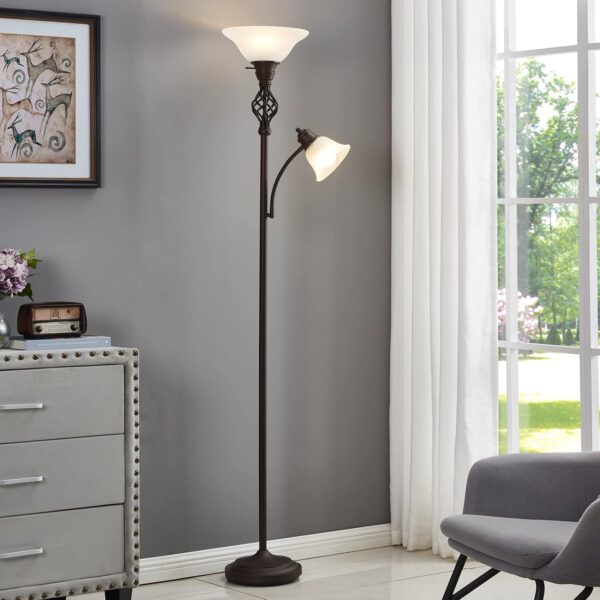 Torchiere Floor Lamp for Living Room, LED Standing Reading Light for Bedroom with Glass Shade for Living Room Corner Bedroom Home Office,Bulbs Included (Red Brown,Glass 2 Head)