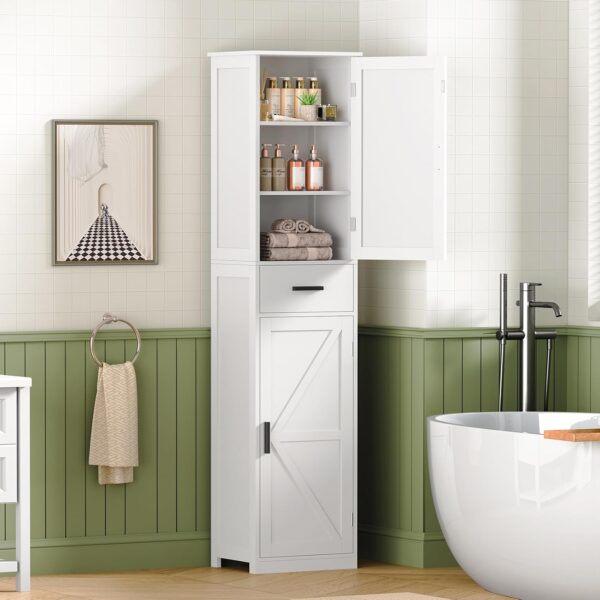 67.1" Tall Bathroom Cabinet, Storage Cabinet with 6 Shelves & Drawer, Bathroom Storage Cabinet with Adjustable Shelves, Tall Cabinet for Bathroom,Living Room, Kitchen, White