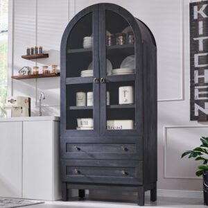 71" Tall Arched Kitchen Pantry Cabinet, Wood Kitchen Storage Cabinets with 2 Large Drawers and Adjustable Shelves, Modern Farmhouse Versatile Cupboard for Kitchen, Dining Room, Bathroom, Grey