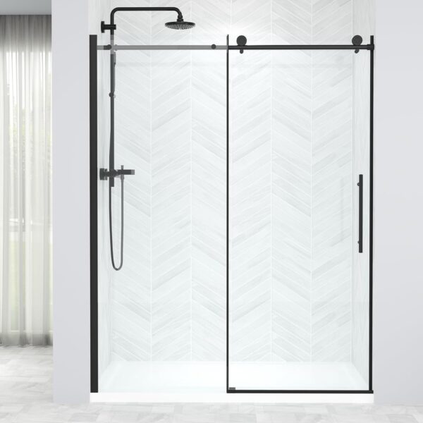 56-60” x 76” Frameless Shower Door, 5/16" (8mm) Clear SGCC Tempered Glass, Bathroom Sliding Glass Shower Doors, Easy to Clean, Stainless Steel Hardware, Matte Black