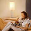 Ambimall Floor Lamps for Living Room - Remote Control, 9W Stepless Dimmable Bulb, Foot Switch, Color Temperatures, 64'' Tall Standing Lamp, Beige Lampshade, Reading Bedroom,Office (Black)