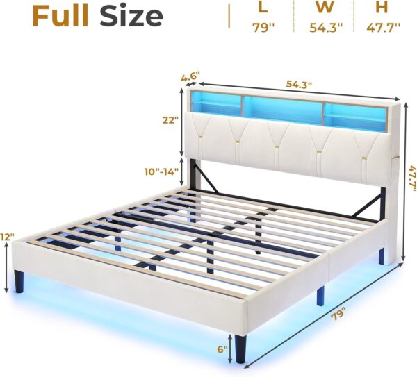 LED Full Bed Frame with Type-C & USB Charging Station, Full Size Bed Frame with Storage Headboard, Modern Velet Upholstered Platform Bed with Shelf Headboard, Noise-Free, Creamy White