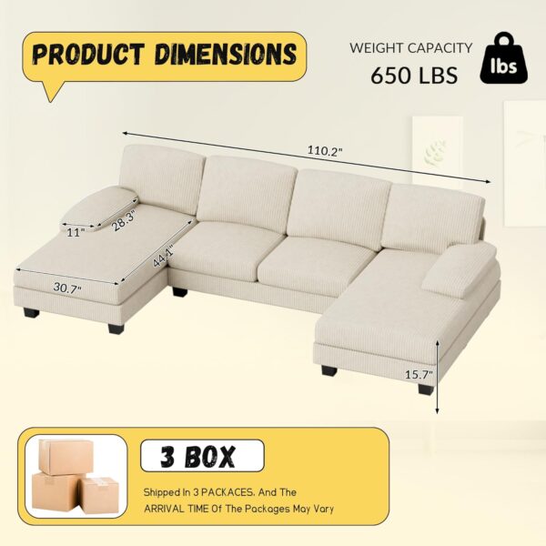 JUMMICO Sectional Couches for Living Room, U Shaped Couch with Chenille Fabric, 4 Seat Modern Sofa with Removable Pillows for Apartment and Small Space (Corduroy, Beige)