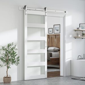 SmartStandard 38 x 84 inch Glass Barn Door with 6.6FT Brushed Nickel Sliding Hardware Kit & Handle, Pre-Drilled Ready to Assemble, Waterproof PVC Coating, White, 5-Panel Glass