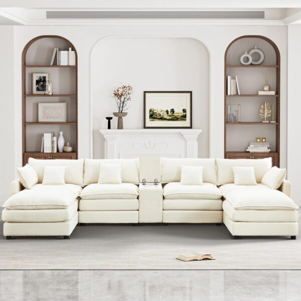 145" U Shaped Cloud Couch Sectional for Living Room, Oversized Modern Modular Sofa with Movable Ottoman, Comfy Fluffy Chenille 6 Seat Sofa Set with Central Console & USB Ports, White