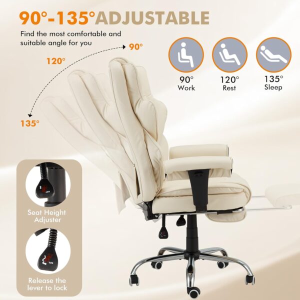 HOMREST 6-Point Massage Executive Chair,Heat Office Chair,Ergonomic Home Office Desk Chair with Retractable Footrest and Reclining Function,Leather Computer Chair with Adjustable Armrest(‌Off White)