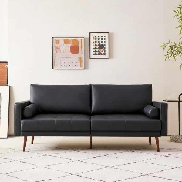 Vonanda Faux Leather Sofa Couch, Mid-Century 73 Inch 3 Seater Leather Couch with Wood Grain Metal Legs and Bolster Pillows for Living Room,Elegant Black