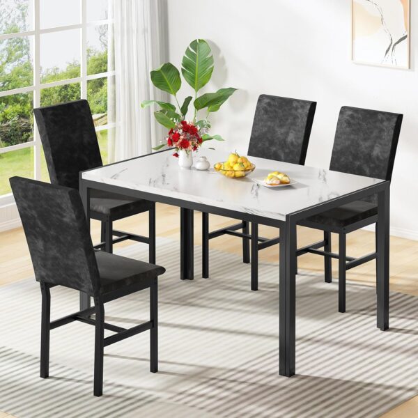 AWQM Products 5-Piece Marble Dining Set, Modern Kitchen Table and Chairs for Dining Room, Dinette, Compact Space Saving Furniture, 4 Upholstered Velvet Chairs - White