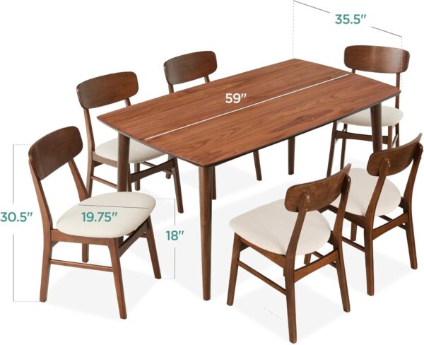 Best Choice Products 7-Piece Wooden Dining Set, Mid-Century Modern Table & Upholstered Chair Set w/ 6 Chairs, Rubberwood Legs - Walnut/Cream