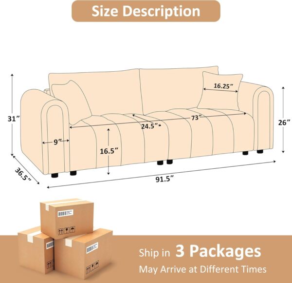 91.5" Modern Boucle Sofa with Deep Seat, Comfortable Upholstered Tufted Cloud Couch, Modern 3 Seater Couches for Living Room, Bedroom, Apartment, Office (Curry)