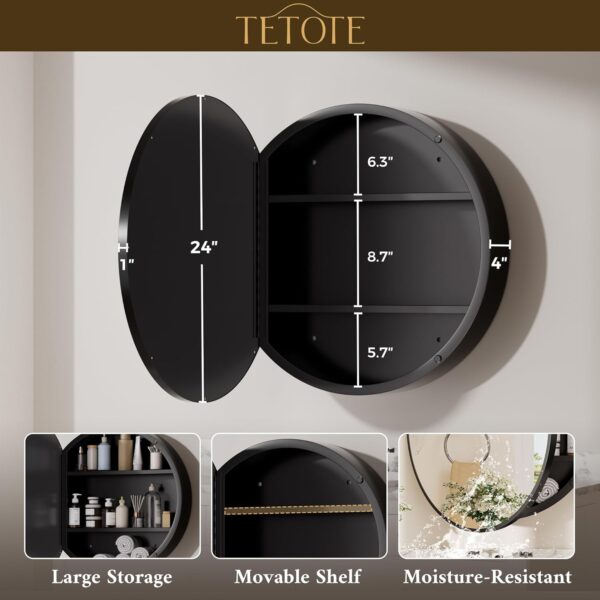 TETOTE 24 x 24 Inch Medicine Cabinet Mirror Black Framed Round Mirrored Medicine Cabinets for Bathroom Adjustable Shelves Modern Bathroom Mirror with Storage Wall Mounted