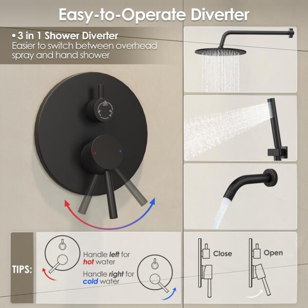 Gabrylly Black Shower System with Tub Spout, Bathtub Shower Faucets Set with 3-Way Shower Valve, High Pressure 10" Rain Shower head with Handheld Spray Combo, Wall Mounted Tub Shower Kit, Matte Black