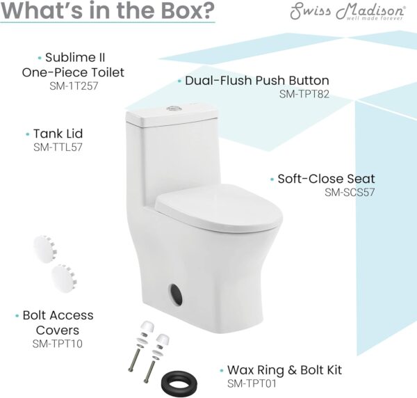 Swiss Madison SM-1T257 Sublime II Compact 24" Length One Piece Toilet Dual Flush 1.1/1.6 GPF with Side Holes, Glossy White