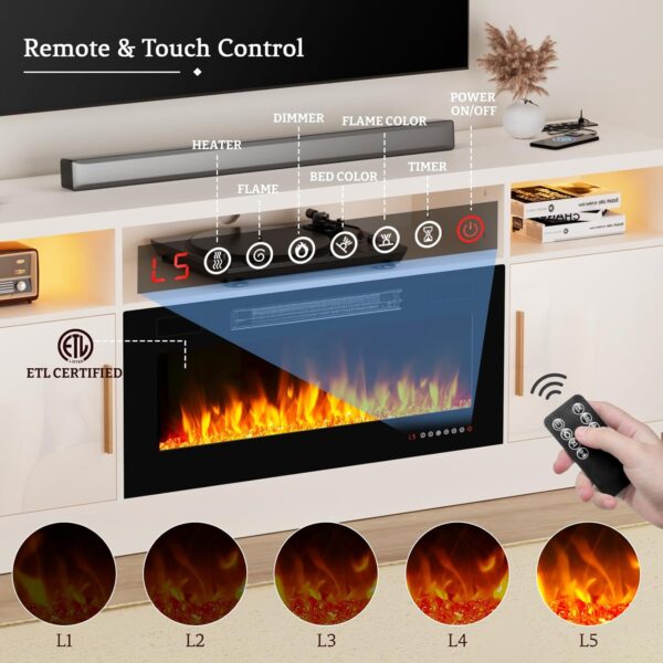 70'' TV Stand with 36'' Fireplace-LED Light Entertainment Center for 75+ inch TV-White TV Cabinet with Storage, Modern TV Console for Living Room