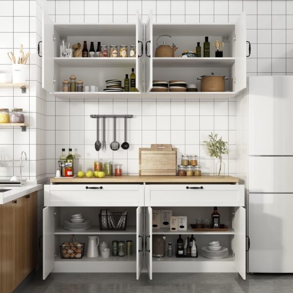 FAMAPY Wall-Mounted Kitchen Pantry Kitchen Storage Cabinet with Countertop, Pantry Cabinet with Drawers & Doors, Wall Cabinet for Kitchen White and Oak