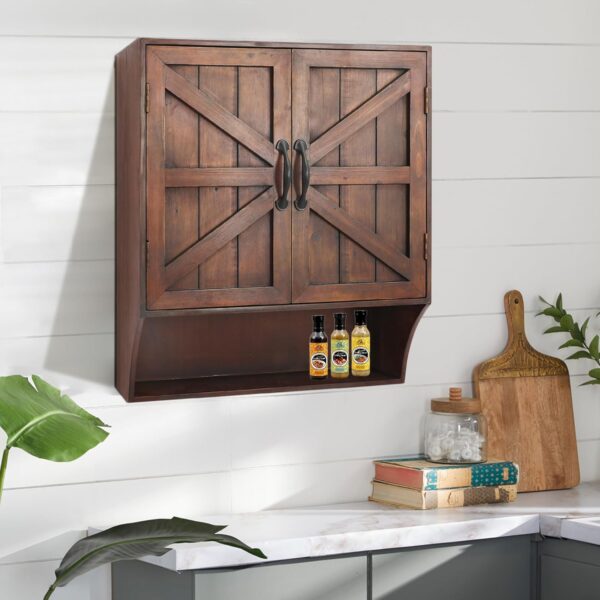 FLORA Farmhouse Wall Mounted Storage Cabinet, Medicine Cabinet with Doors, Wood Vintage Bathroom Wall Cabinet Over Toilet for Bathroom, Kitchen, Living Room, Rustic Brown