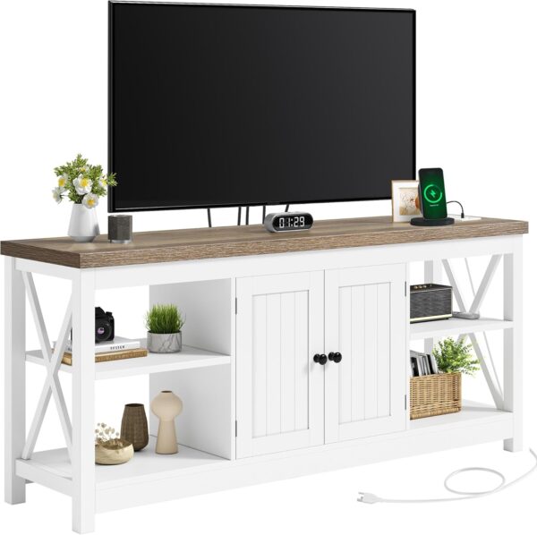 YITAHOME TV Stand for Living Room, Farmhouse Entertainment Center with Power Outlet for TVs up to 65 60 55 Inch, Rustic Media Console TV Cabinet with Open Shelves and Adjustable Shelf, White