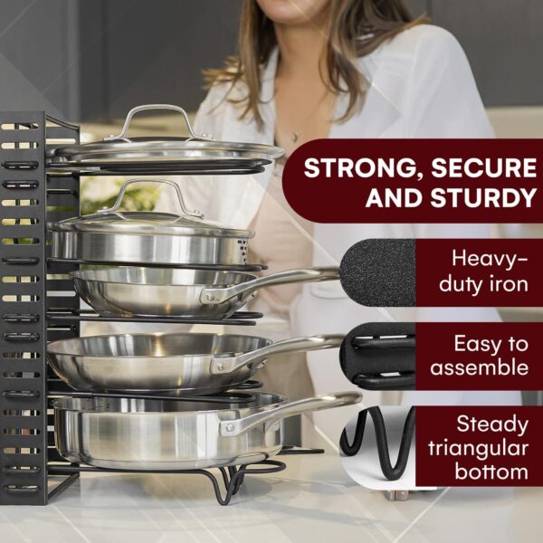 GeekDigg Adjustable Pots and Pans Organizer - 8 Tier Versatile Kitchen Pot Rack for Counter and Cabinet - Easy Setup, 3 DIY Installation Ways, Accommodates 8+ Pots and Pans - Space-Saving Black Design