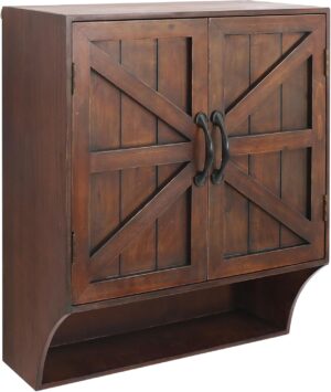 FLORA Farmhouse Wall Mounted Storage Cabinet, Medicine Cabinet with Doors, Wood Vintage Bathroom Wall Cabinet Over Toilet for Bathroom, Kitchen, Living Room, Rustic Brown