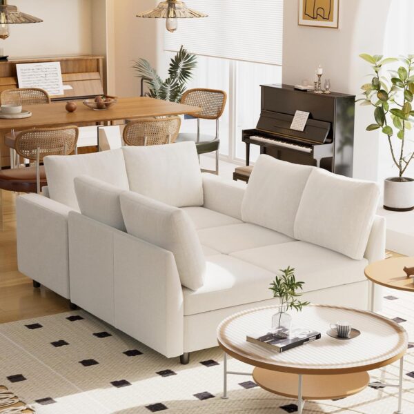 VINGLI 131.6"/108" Cream White Chenille Oversized Modular Sectional Sofa with Storage and USB Chargers, Comfy Sectional Sofa with 6 Seats, 6 Pieces Modern Couch Convertible Sleeper Bed for Living Room