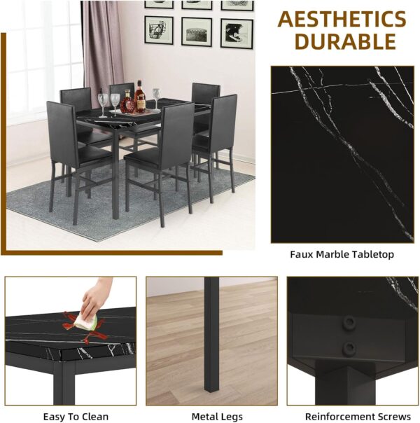 Dining Table Set for 6 - Kitchen Table Chairs Set,Faux Marble Kitchen Table,PU Leather Chairs,Kitchen Table Chairs Set for Dining Room,Small Apartment (Black 1+6)