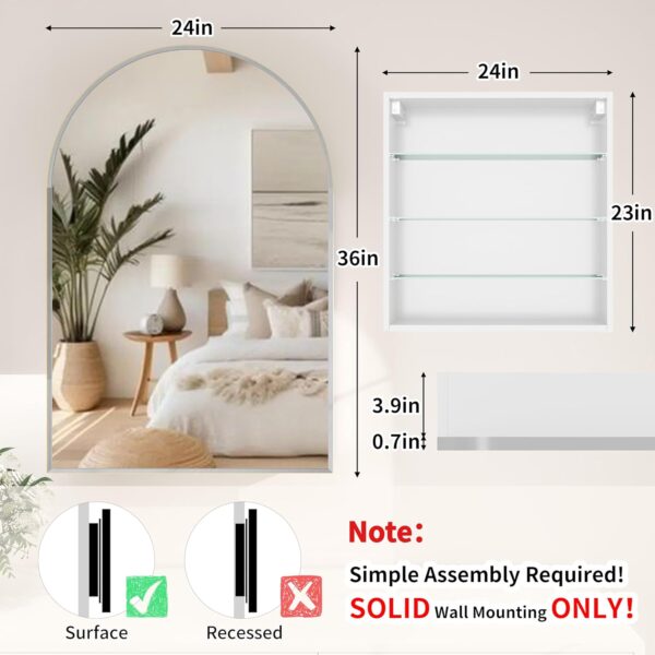 Silver Medicine Cabinet with Mirror, Bathroom Arched Medicine Cabinet Wall Mounted, Modern Vanity Mirror with Storage, Mirrored Cabinet with Adjustable Shelves, Not Recessed, 24x36 Inch
