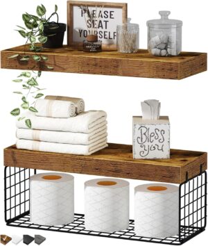 QEEIG Bathroom Shelves Over Toilet Wall Mounted Floating Shelves Farmhouse Shelf Toilet Paper Storage Small 16 inch Set of 2, Rustic Brown (019-BN2)