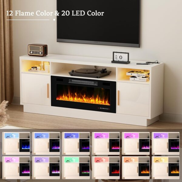 70'' TV Stand with 36'' Fireplace-LED Light Entertainment Center for 75+ inch TV-White TV Cabinet with Storage, Modern TV Console for Living Room