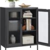 SONGMICS Metal Storage Cabinet with Mesh Doors, Steel Display Cabinets with Adjustable Shelves for Bathroom Home Office, Black UOMC002B01