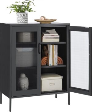 SONGMICS Metal Storage Cabinet with Mesh Doors, Steel Display Cabinets with Adjustable Shelves for Bathroom Home Office, Black UOMC002B01