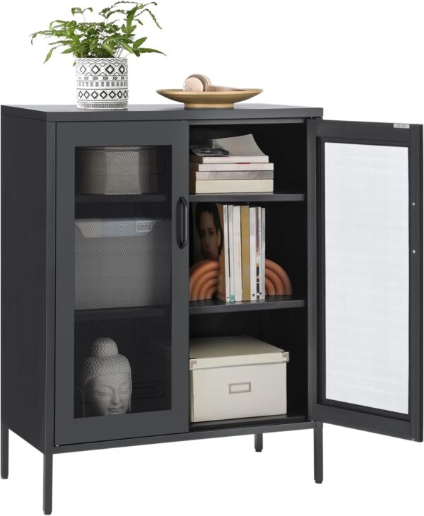 SONGMICS Metal Storage Cabinet with Mesh Doors, Steel Display Cabinets with Adjustable Shelves for Bathroom Home Office, Black UOMC002B01