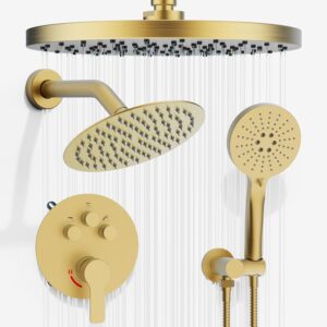 715pbJMOEPL._AC_SL1500_.jpg Shower System with Pressure Balance Valve, 10" Ceiling Mount Shower Faucet Set with 2 Rain Shower Head And Multi-function Handheld Head Push Button Diverter Pressure Balancing Valve Kit, Brushed Gold