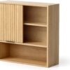 Fluted Wall Cabinet Bathroom, Modern Medicine Cabinet with Sliding Door Adjustable Shelf Wood Storage Cabinet Wall Mounted for Kitchen Dining Room Living Room, Natural Oak