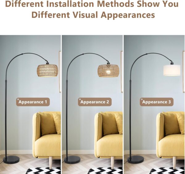 Arc Floor Lamps for Living Room with 3 Color Temperatures, Black Standing Lamp with Remote & Dimmable LED Bulb, Rattan Boho Floor Lamp, Farmhouse Tall Lamp for Bedroom, Over Couch Arched Reading Light