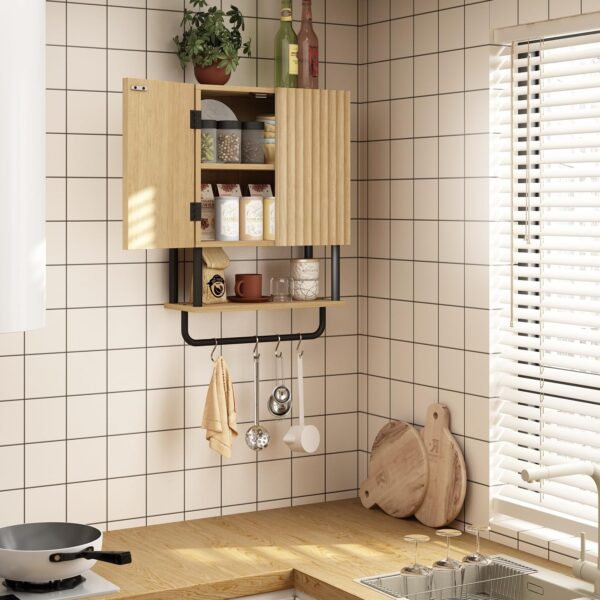 RUSTOWN Fluted Bathroom Wall Cabinet with 2 Doors, 3-Tier Modern Farmhouse Medicine Cabinet, Over The Toilet Storage Cabinet with Adjustable Shelf and Towel Bar(Natural, Small)