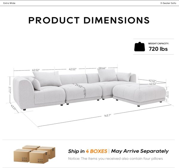 COLAMY 144" Cloud Sectional Couch with Ottoman,Modular Sectional Sofa with 3 Large Seat and 1 Ottoman for Living Room,Chenille, Beige