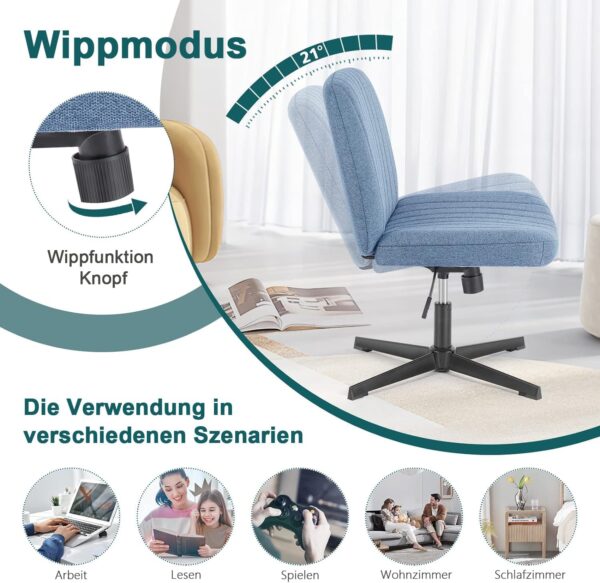 DUMOS Criss Cross Legged Office Chair, Armless Wide Seat No Wheels, Modern Home Desk Height Adjustable Swivel Fabric Vanity Seating for Bedroom