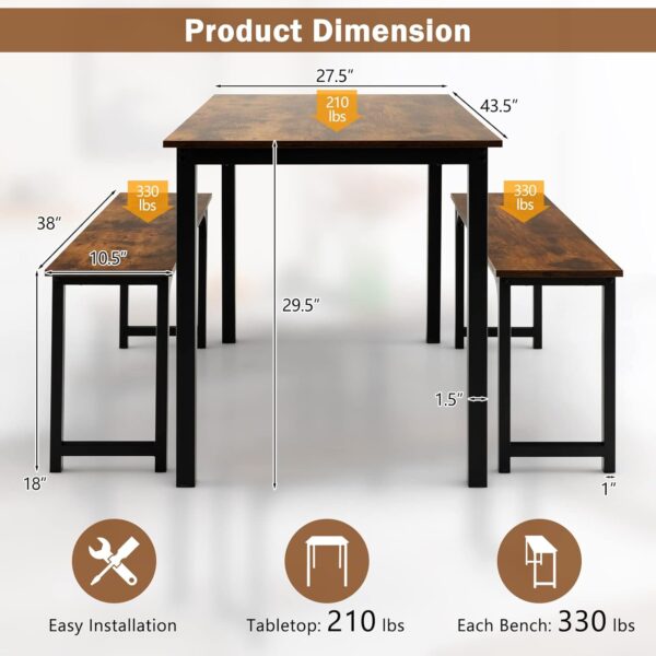 Moccha Dining Table Set for 4, 3-Piece Modern Breakfast Table Set with 2 Benches & Metal Frame, 43.5" Wood Kitchen Table Set, Space-Saving Dinette Set for Small Spaces, Dining Room, Rustic Brown