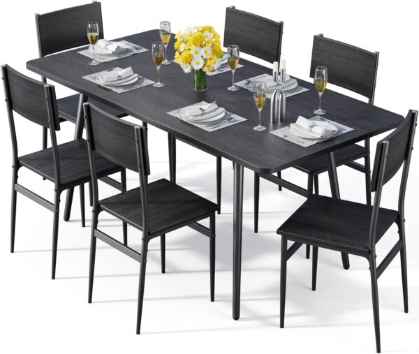 7-Piece Dining Table for 4-6, 63” Large Extendable Dining Table Set for 6, Kitchen Table Set for Apartment and Living Room, Black