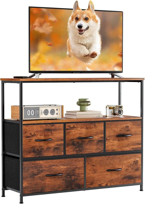 717MJduNk8L._AC_SL1500_.jpg DUMOS TV Stand Dresser for Bedroom with 5 Fabric Drawer,Entertainment Center for 45 inch Television, Media Console Table with Storage, Open Shelf, Adjustable Feet, Living Room Furniture, Brown