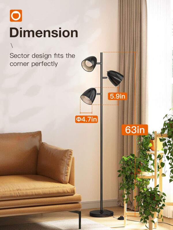 addlon Tree Floor Lamp with 3 Adjustable Rotating Lights and Matching LED Bulbs, Standing Tall Pole Lamps for Living Room, Bedroom, Home, Office - Black