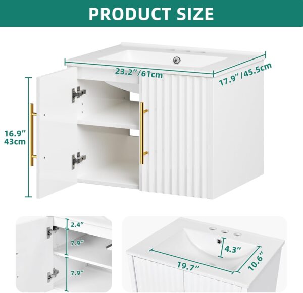 YITAHOME 24 Inch Bathroom Vanity with Sink, Small Space Floating Vanity, Modern 3-Holes Bathroom Storage Cabinet w/Double Soft-Close Doors, White