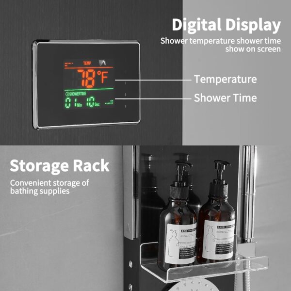 RUMOSE Matte Black Shower Panel Tower System, 5-Function Shower Faucet Set LED Light Rainfall Shower Head Digital Display with Massage Jets Tub Spout Shower Shelves, Stainless Steel, Wall Mount